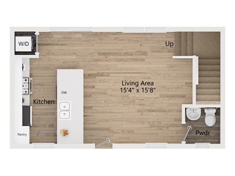 A floor plan of a kitchen and living area with a pantry and powder room.